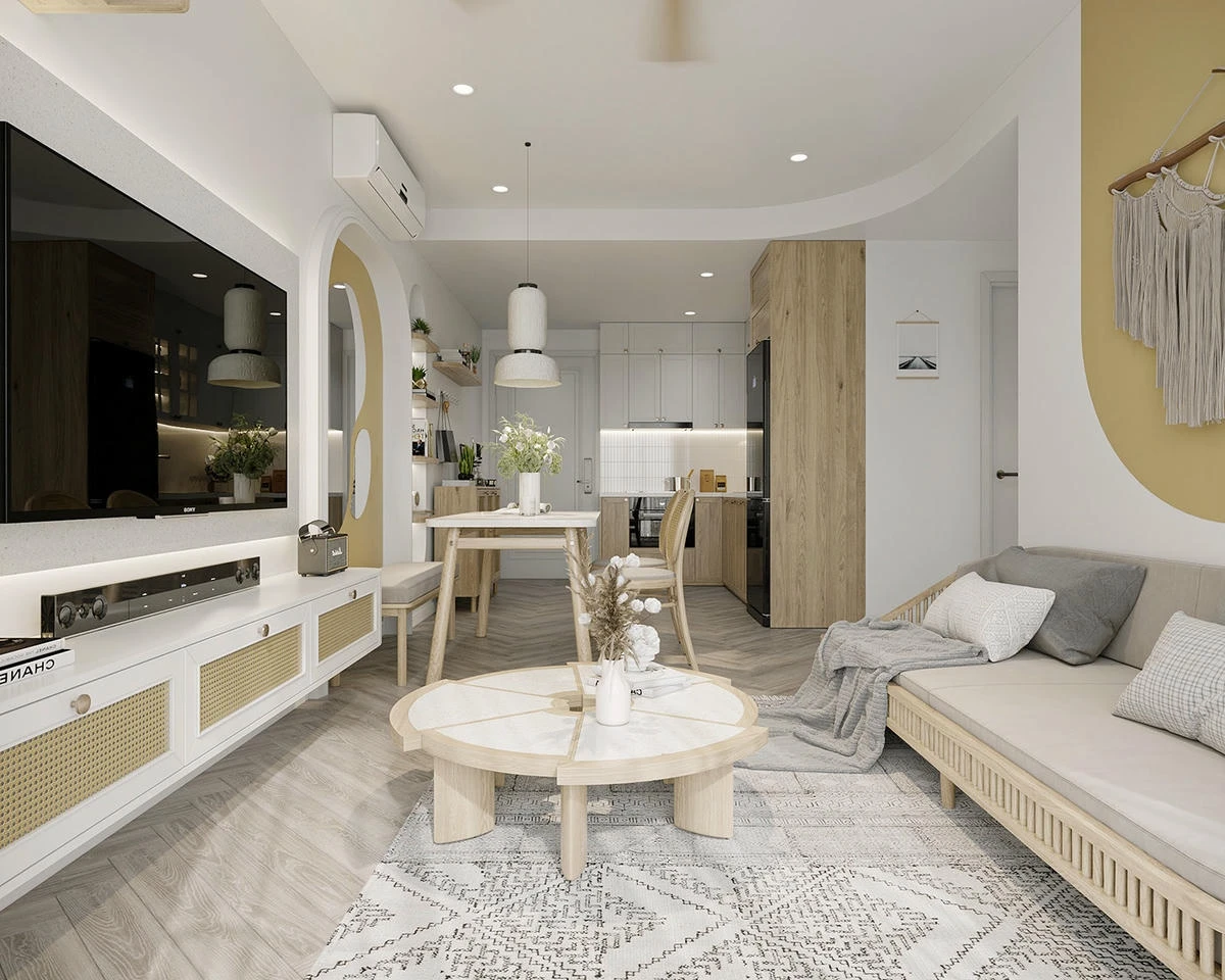 Căn hộ 60m2 với mây tre phối hợp với sơn inchem